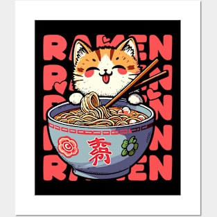 Cute Kawaii Anime Ramen Lover Cat Retro Japanese Noodles Posters and Art